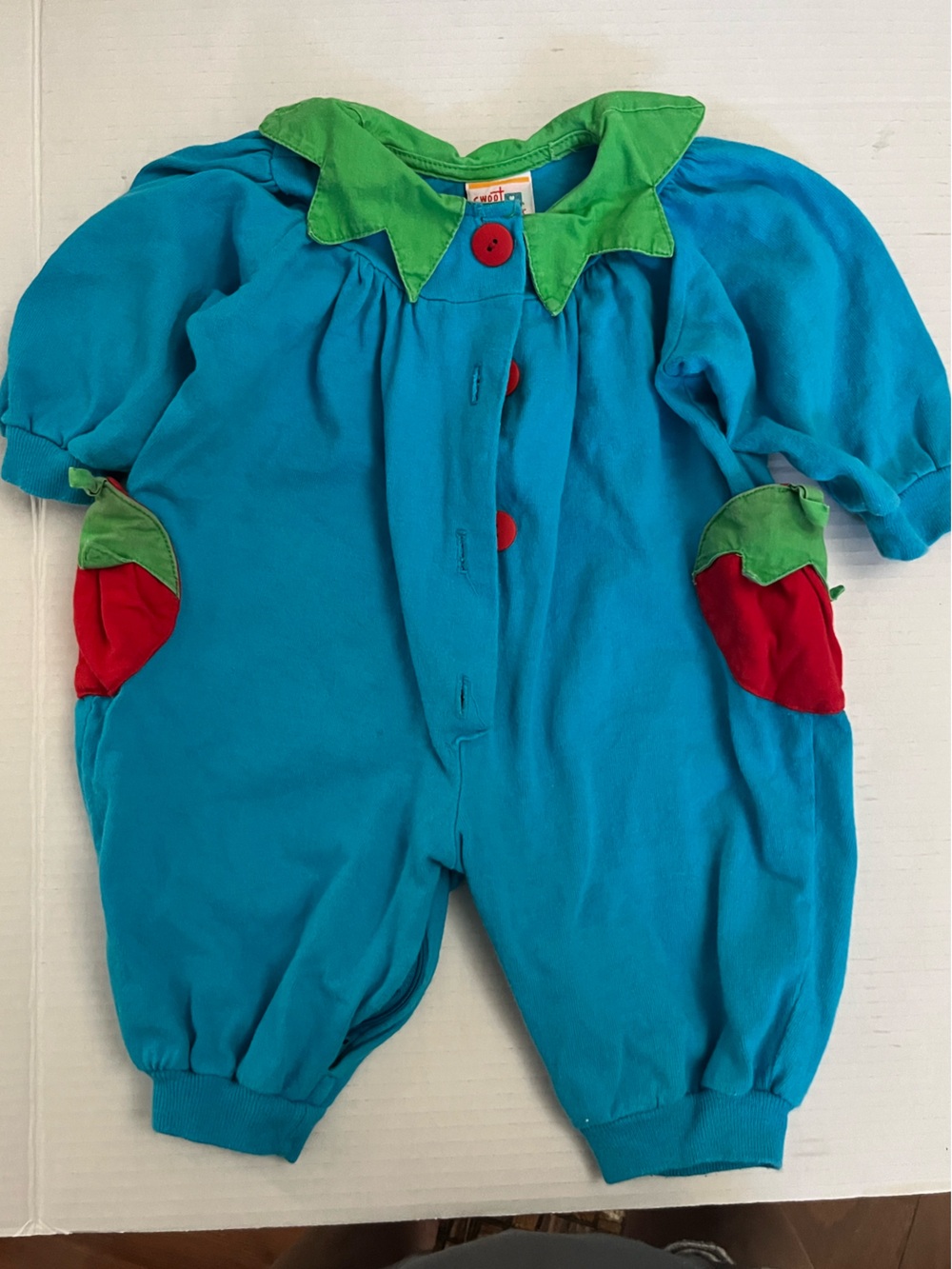 Sweet Potatoes Bright blue Baby Onesie with Green Collar and Red tomato Pockets